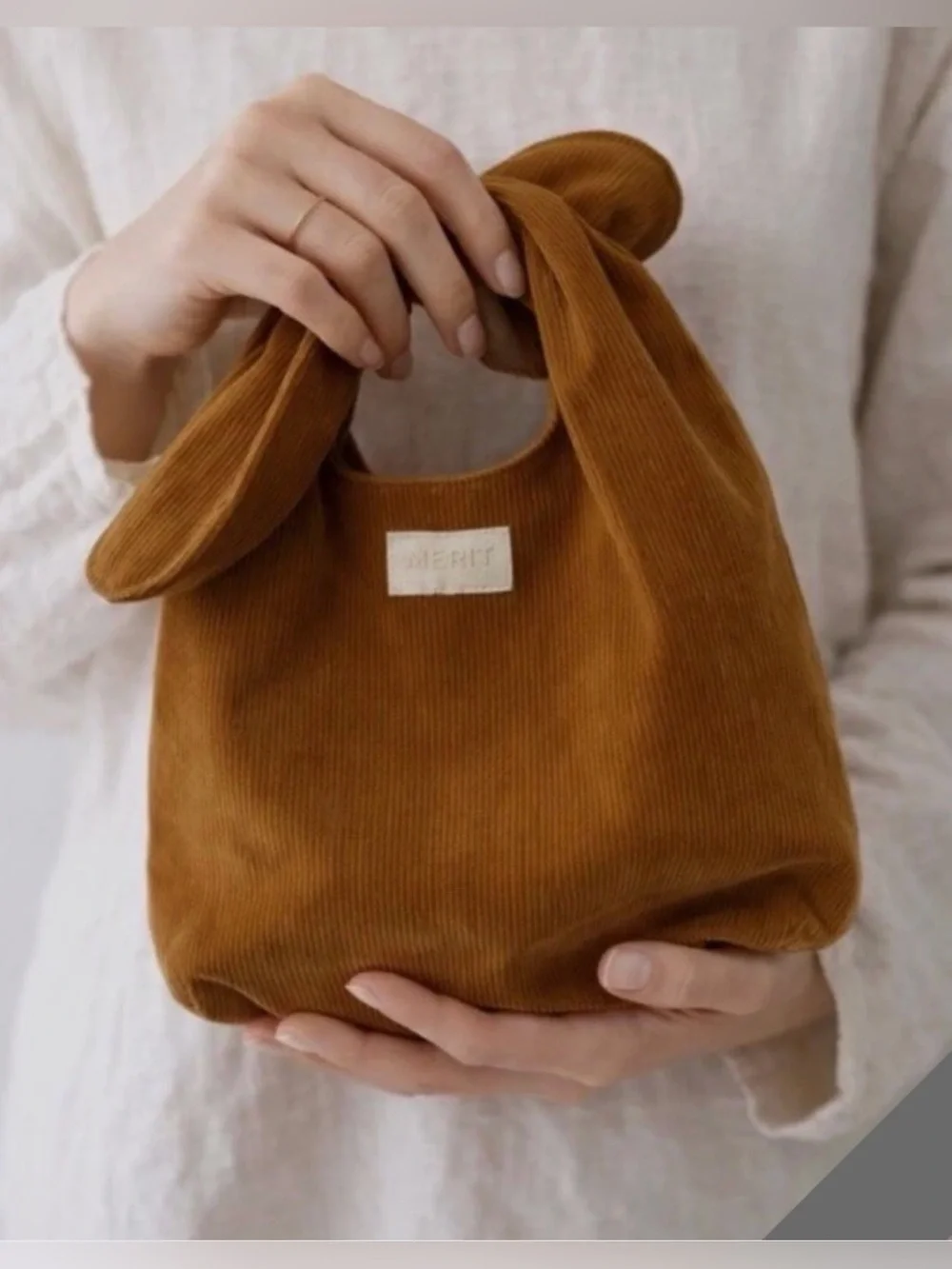 NWT! MERIT Beauty Brown Corduroy Tie-Top Signature Makeup Bag Pouch.